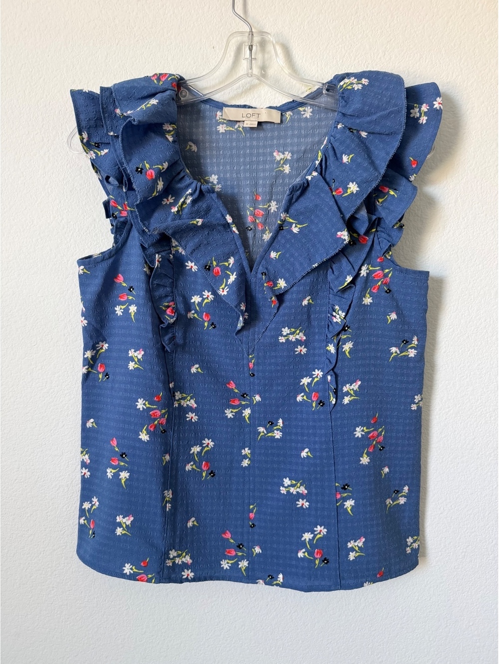 LOFT Sleeveless Ruffled V-Neck Floral Stretch Textured Blouse Women's Size XS